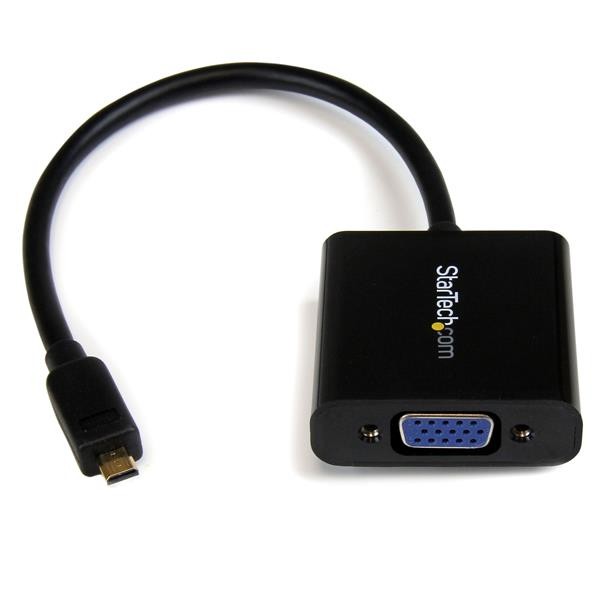 Micro HDMI to VGA adapter converter with a black plastic casing, featuring a micro HDMI connector on one end and a blue VGA port on the other, designed for smartphones.