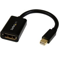 Black StarTech.com Mini DisplayPort to DisplayPort adapter with short cable and gold-plated connectors.