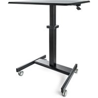 Black StarTech.com mobile standing desk with adjustable height, rectangular top, and four caster wheels.