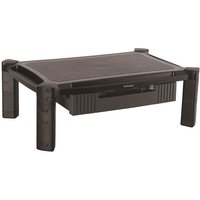 Black StarTech.com monitor riser with adjustable height and integrated drawer, featuring sturdy legs and sleek design.
