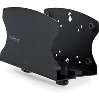 Black StarTech.com PC wall mount bracket with tool-less adjustments, curved edges, and multiple screw holes.