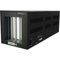 Black StarTech.com PCIe expansion enclosure with two PCI and two PCIe slots, vented sides, and front panel ports.