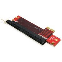 StarTech.com PCIe X1 to X16 adapter, red circuit board with black slot and gold connectors, low profile design.