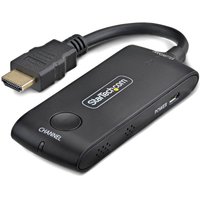 Black StarTech.com HDMI transmitter with attached cable, channel button, and power indicator on the side.