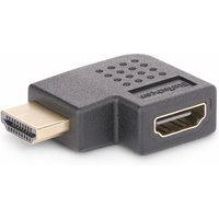 Black StarTech right angle HDMI 2.0 adapter, male to female, with 90-degree angled connector and textured grip.