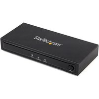 Black StarTech.com HDMI converter with S-Video, composite inputs, audio ports, and LED indicators on front panel.