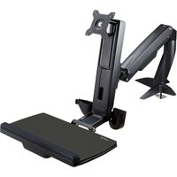 Black StarTech sit-stand monitor arm with VESA mount, adjustable arm, and keyboard tray for ergonomic desk setup.