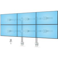 StarTech.com six-monitor desk mount with crossbar, silver arms, supports up to 32-inch screens, dual vertical rows.