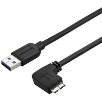 Black StarTech.com Slim Micro-USB 3.0 cable, 2m length, with right-angle micro USB connector and standard USB connector.