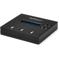 Black StarTech USB duplicator with LCD screen, four USB ports, and control buttons on top.