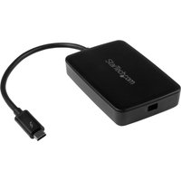 Black StarTech.com Thunderbolt 3 to Thunderbolt 2 adapter with short cable and sleek rectangular design.