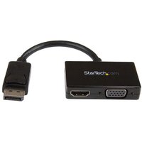 Black StarTech.com adapter with DisplayPort, HDMI, and VGA ports, short cable connector.