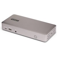 Silver StarTech.com USB4 docking station with multiple ports, including HDMI, DisplayPort, USB-C, and Ethernet.