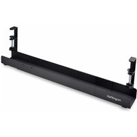 Black StarTech.com cable management tray, adjustable length, clamp-on installation, with power bar holder.