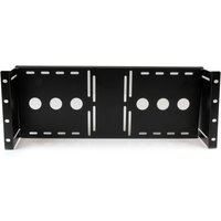 Black metal VESA LCD monitor mounting bracket with multiple holes and slots for 19-inch rack installation.