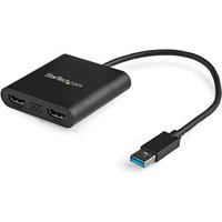 Black StarTech USB 3.0 Dual HDMI Adapter with two HDMI ports and a USB connector on a short cable.