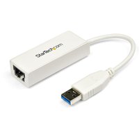 White StarTech.com USB 3.0 to Gigabit Ethernet adapter with rectangular body and attached USB cable.