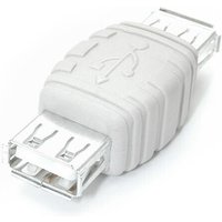 White StarTech.com USB A Gender Changer F/F with ridged grip and USB symbols on both ends.