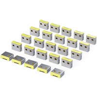 Gray and yellow USB-A port blocker replacement plugs, 25-pack, rectangular shape with two holes on each plug.