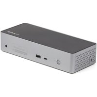 Black and gray StarTech.com USB-C dock with multiple ports, including USB-C, USB-A, Ethernet, and audio connections.