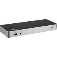 Black and silver StarTech.com USB C Dock with HDMI, DisplayPort, USB ports, and power button on the front.
