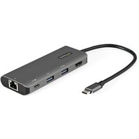 Gray StarTech.com USB-C multiport adapter with HDMI, three USB ports, Ethernet, and 10" cable.
