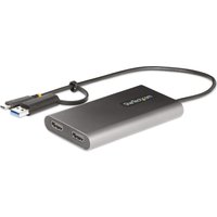 Black StarTech USB-C to Dual-HDMI adapter with two HDMI ports, 1ft cable, and USB-C and USB-A connectors.