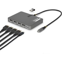 StarTech.com USB-C adapter, gray, with four DisplayPort outputs, USB port, and attached cable for laptop charging.