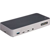 Black and silver StarTech.com USB-C docking station with multiple ports and textured top surface.