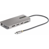 Gray StarTech.com USB-C multiport adapter with HDMI, DisplayPort, USB ports, Ethernet, SD slots, and attached cable.
