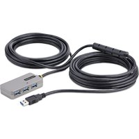 Black StarTech.com USB Extender Hub, 10m cable, 4-port USB 3.0, rectangular silver hub with blue USB ports.