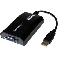 Black StarTech.com USB to VGA adapter with USB 2.0 connector and VGA port, compact design with logo on top.