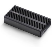 Black aluminum StarTech.com USB4 NVMe enclosure with ridged heatsink design and USB-C port.