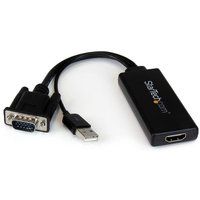 Black StarTech.com VGA to HDMI adapter with USB audio and power cable, featuring VGA and HDMI ports.