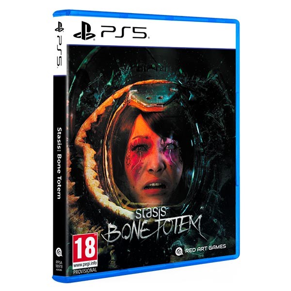 Cover art features a haunting female face with red markings, surrounded by a dark, eerie frame, all set against a blue PS5 case with the title "Stasis: Bone Totem."