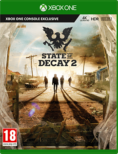 Green Xbox One game case featuring "State of Decay 2" with a post-apocalyptic scene, silhouettes of four characters, and a large eagle emblem at the top.