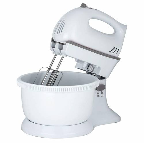 White plastic hand mixer with five speed settings, featuring stainless steel beaters and a matching white mixing bowl.