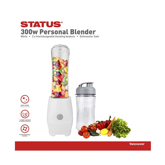 White and grey Status Vancouver table blender with a clear blending beaker filled with colorful fruits, accompanied by a second blending beaker and fresh vegetables.
