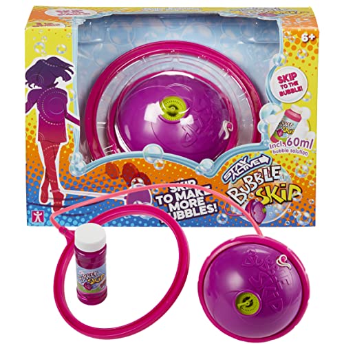 Bright pink bubble skip game featuring a large round bubble maker, a pink skipping rope, and a bottle of bubble solution, all set against a colorful box design.