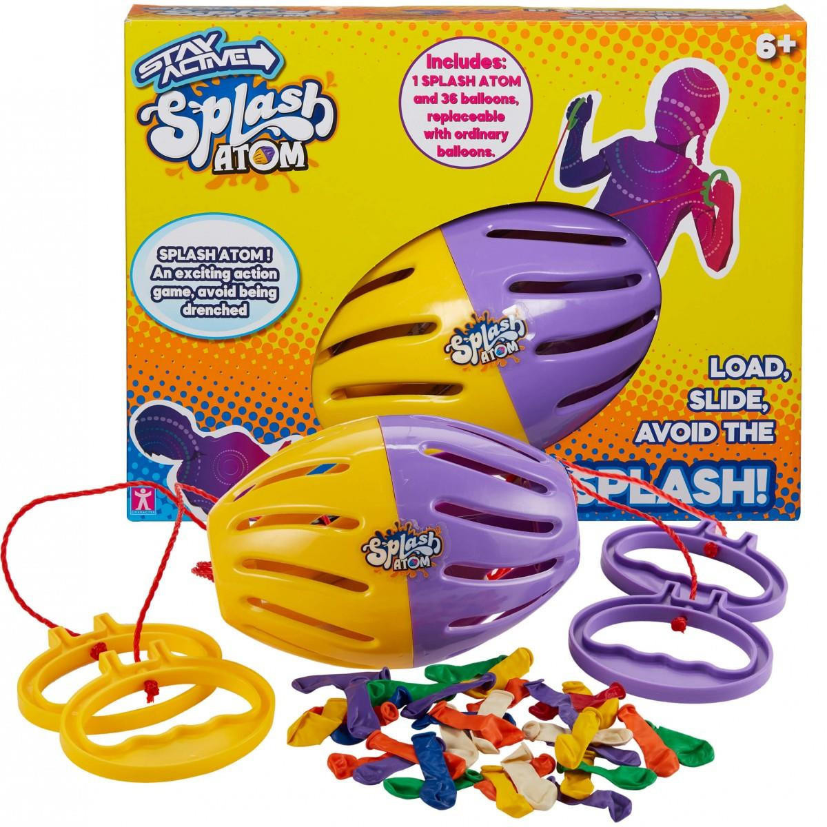 Brightly colored purple and yellow water balloon launcher with a box, featuring a playful design, 36 colorful balloons, and three rubber rings for gameplay.