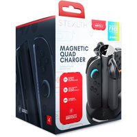 STEALTH Gaming S2-QCD charging stand, black with blue accents, holds four controllers, in branded packaging.