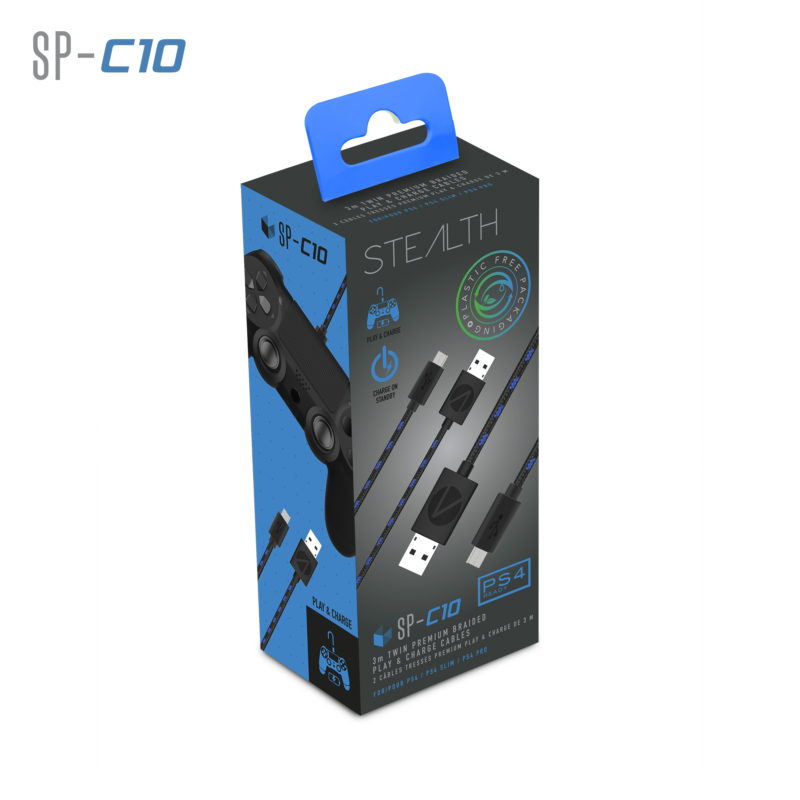 Black packaging with blue accents featuring the Stealth logo, showcasing two 3-meter PlayStation 4 charging cables with USB connectors and a controller icon.