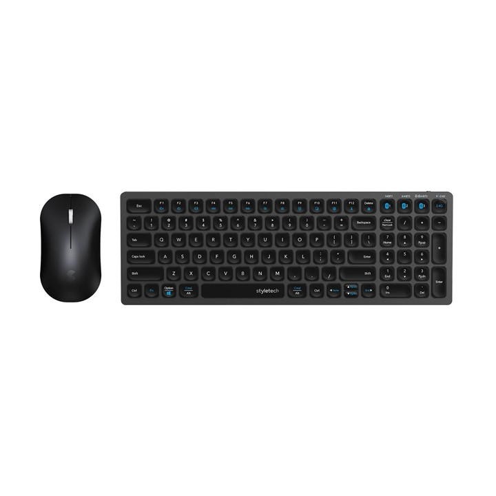 Black wireless keyboard and mouse set featuring a sleek design, low-profile keys, and blue backlighting for easy visibility in low light.