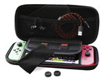 Black hard case with red and orange accents, containing a Nintendo Switch, charging cable, earbuds, screen cleaner, and two thumb grips.