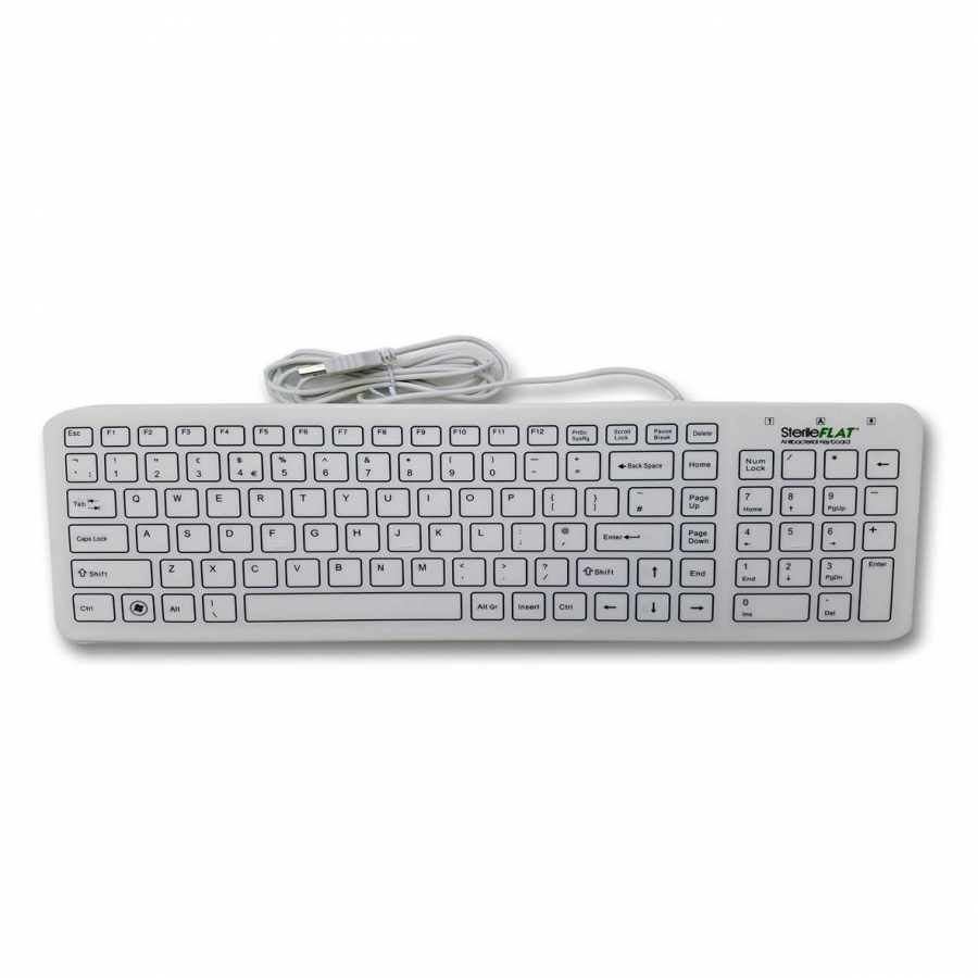 White antibacterial medical keyboard with a flat design, featuring a numeric keypad, function keys, and a wired connection, labeled with the SterileFLAT logo.