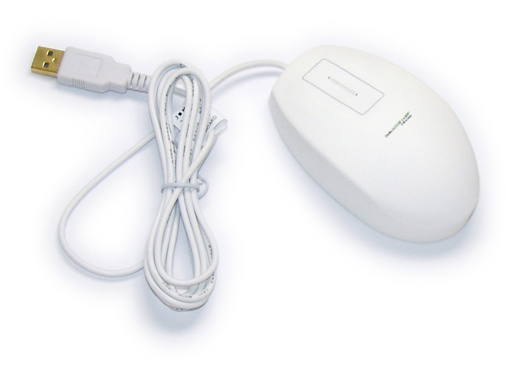 White, smooth plastic digital scroll mouse with a USB cable, featuring a laser antibacterial design and a small rectangular button on top.
