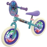 Disney Stitch 12" balance bike, teal frame, purple seat, light-up wheels, and Stitch character graphic on the front.