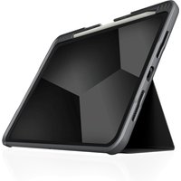 Black STM Dux Plus case for iPad Pro 11” with rugged edges, foldable stand, and precise cutouts for ports and buttons.