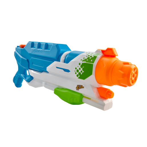 Bright blue and white water blaster with orange nozzle and green grip, featuring a sleek design and colorful accents, ideal for outdoor water play.
