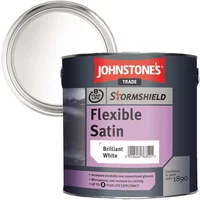 Johnstones Stormshield Flexible Satin 2.5L paint can, purple label, black lid, Brilliant White color.